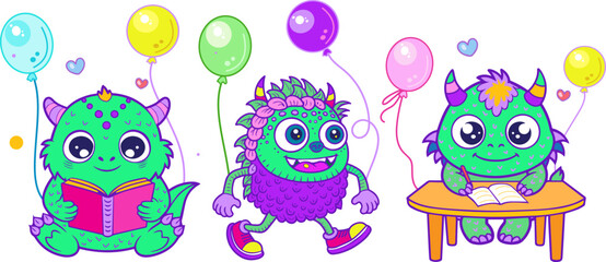 Cute little monsters with birthday balloons runs hurries to a birthday party brings gift to a friend set Cheerful ghosts in costumes for Happy Halloween Dance party sign for invitation book cover card