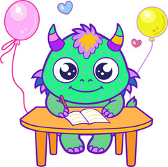 Cute little monster with birthday balloons learns to write and read sits at a table Cheerful ghosts in costumes for Happy Halloween Dance party sign for invitation book cover card