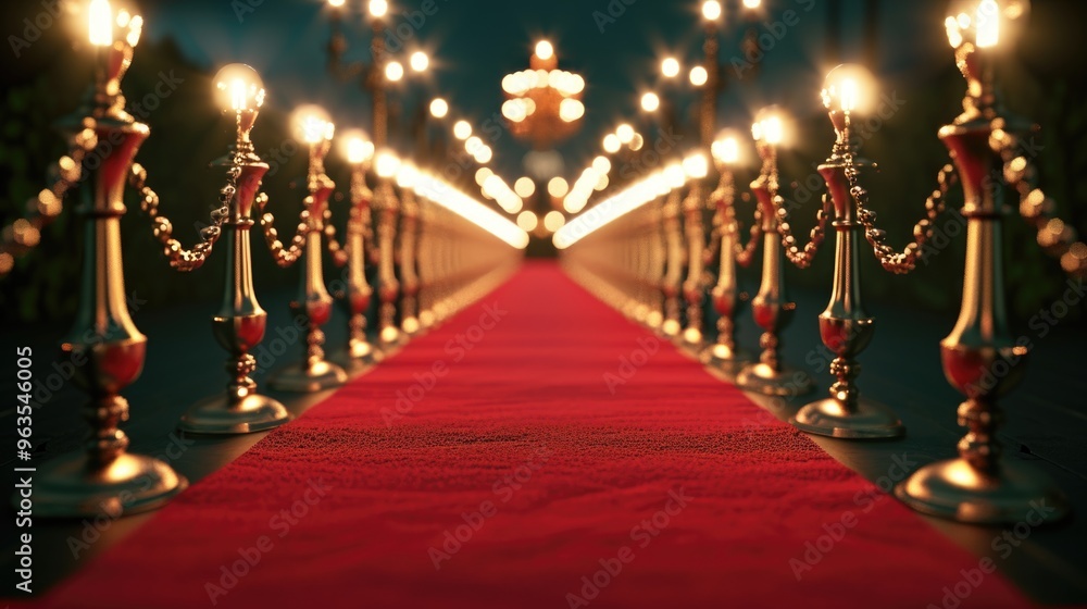 Poster a red carpet with gold posts and lights. scene is elegant and glamorous. the idea of the image is a 