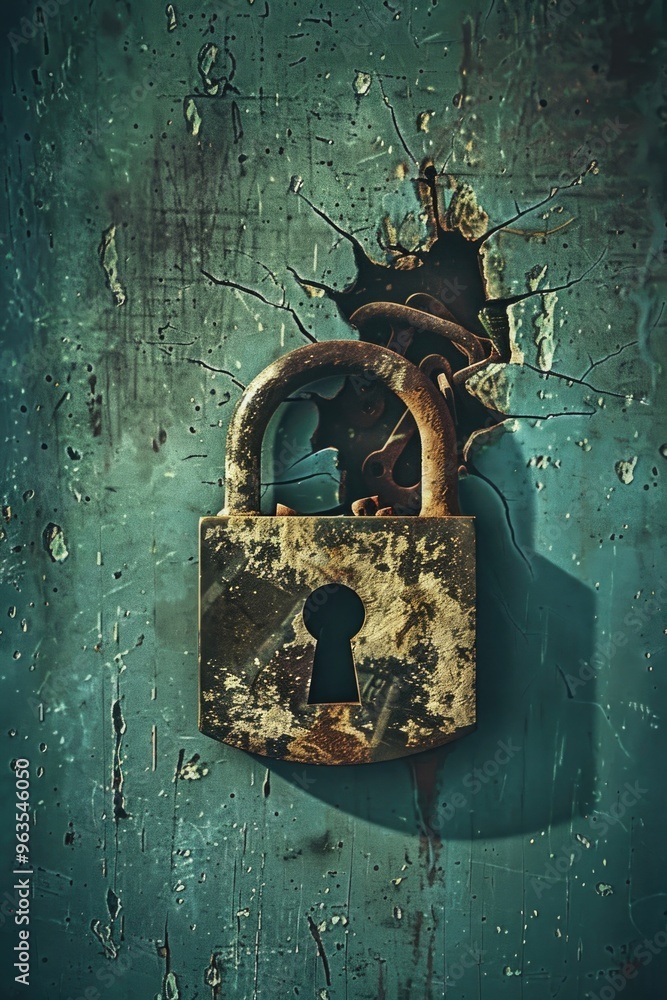 Poster a rusty old padlock is hanging from a wall. the lock is open and the door is missing. scene is eerie