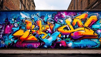 A colorful and detailed graffiti artwork covering a brick wall in an urban setting. The vivid colors and intricate designs capture the essence of street art culture, adding a dynamic and creative