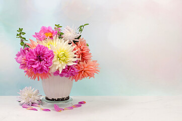 Flowers dahlias, asters, buttercups in a vase, autumn banner for advertising, abstract floral...
