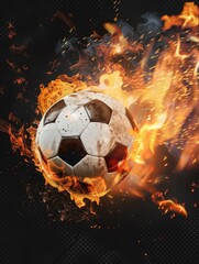 Naklejka premium A soccer ball is on fire and surrounded by sparks. Concept of danger and excitement, as the ball is in the midst of a fiery explosion