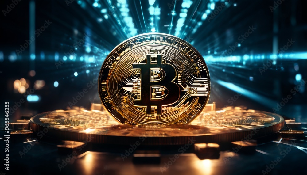 Poster a futuristic depiction of bitcoin in a digital environment filled with bright lights. this image emp