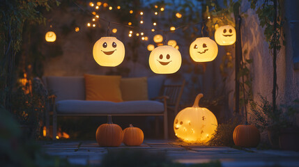 Fototapeta premium Cozy patio decorated with glowing pumpkin lanterns and string lights for Halloween. Warm and festive atmosphere.