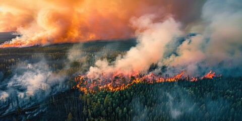 Fototapeta premium Aerial view of a fierce forest fire with thick smoke rising, ecological disaster, threat to nature, emergency situation, danger to wildlife. AI generated illustration.