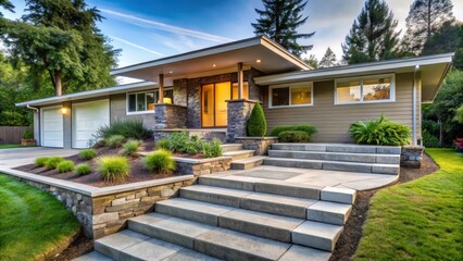 flagstone and natural stone steps and paver landing in a mid century modern bungalow landscape renovation