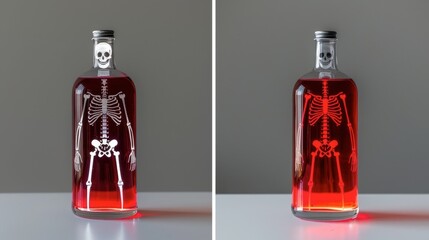 31. Beautiful Halloween bottle with a skeleton motif, filled with glowing red liquid, unique and enchanting display item