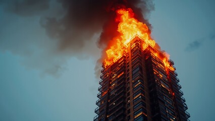 Devastating Blaze Engulfs Skyscraper, A towering skyscraper consumed by an intense, rapidly spreading fire. The inferno illuminates the dark, cloudy sky with bright orange and yellow flames.