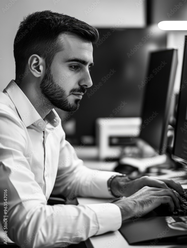 Poster a man is sitting at a desk with a keyboard in front of him. he is wearing a white shirt and has a be