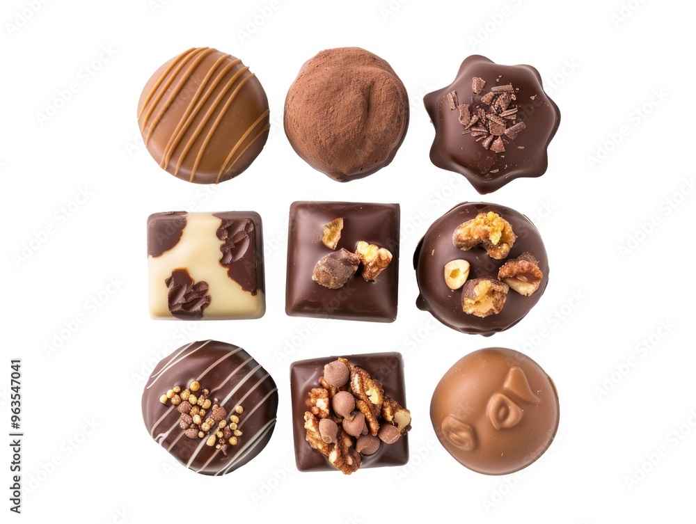 Aufkleber a row of chocolate truffles with nuts and other toppings. the truffles are arranged in a square patt