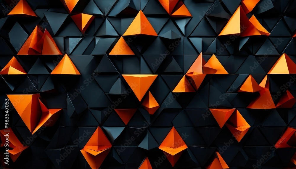 Poster a striking abstract pattern featuring orange and black geometric shapes. the 3d design creates a sen