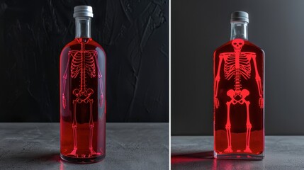 31. Beautiful Halloween bottle with a skeleton motif, filled with glowing red liquid, unique and enchanting display item