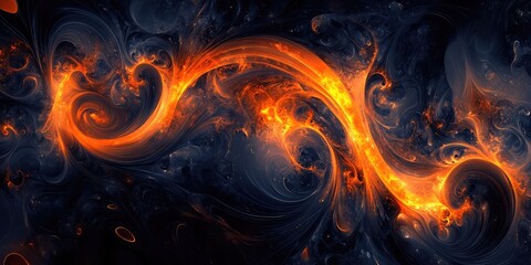 Fototapeta premium Abstract design featuring dark swirling patterns with glowing orange. AI generated illustration
