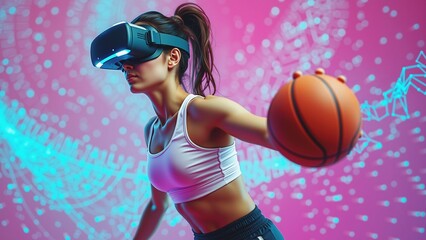 Virtual Reality Basketball Training, A woman immersed in a virtual reality environment, wearing a headset and dribbling a basketball against a dynamic, colorful abstract background.