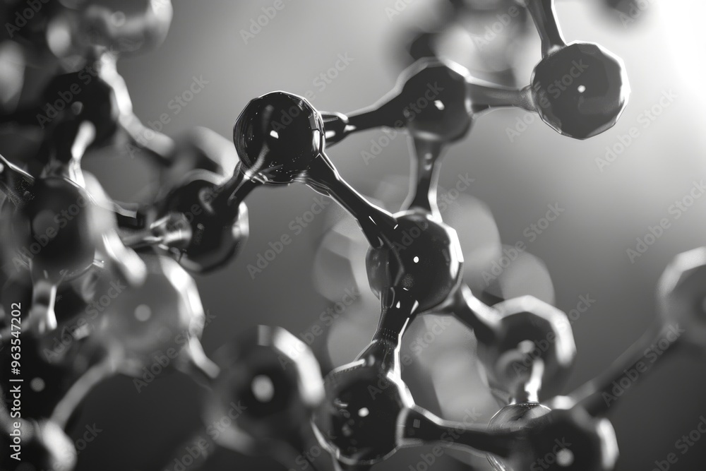 Poster a close up of a molecule with many small spheres. the spheres are connected to each other in a compl