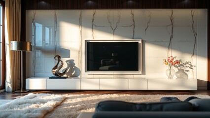 Fototapeta premium Modern Living Room with Flat-Screen TV, Stylish and functional modern living room featuring a large flat-screen TV mounted on a white entertainment center. 