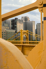 Roberto Clemente Bridge and Pittsburg, PA skyline framed by Andy Warhol bridge.