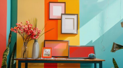 A colorful room with a yellow wall and pink and blue stripes