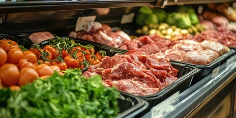 Obraz premium Assorted fresh produce and meats in a grocery store, concept of healthy eating and food selection. AI generated illustration.