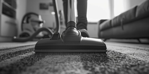 A person is vacuuming a carpeted floor. The image is in black and white and has a moody, somewhat somber feel to it