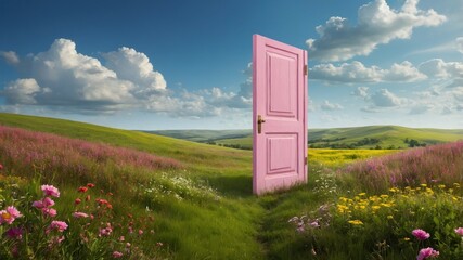 A pink door stands alone in a vast, colorful field of flowers and grass, creating a surreal and dreamlike atmosphere under a blue sky.
