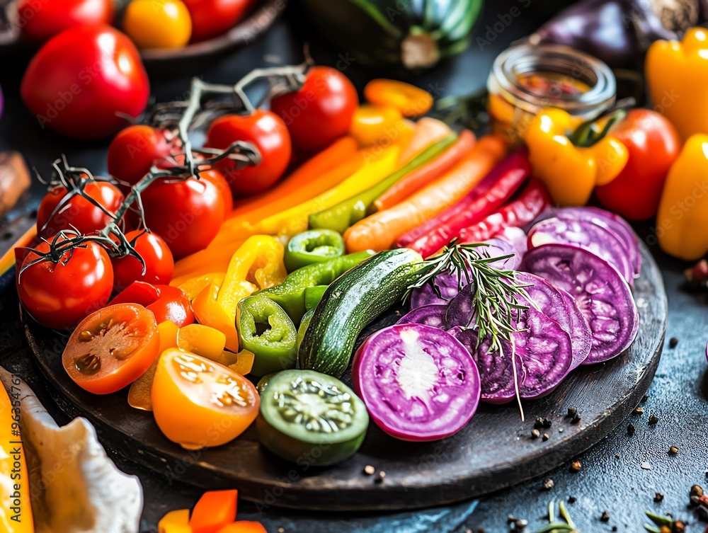 Wall mural vibrant assortment of fresh vegetables arranged on a plate, showcasing colors and textures. perfect 