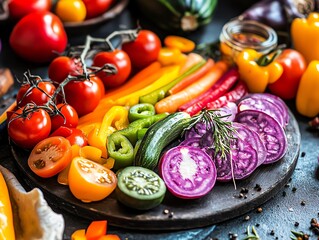 Vibrant assortment of fresh vegetables arranged on a plate, showcasing colors and textures. Perfect...