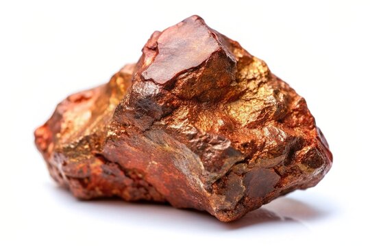 Copper ore a metallic rock with a distinct brownish red tinge isolated on a pure white background creating a minimalist composition, industrial, purity, rock, texture, valuable, pure