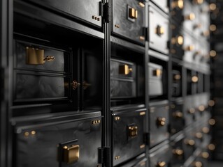 A row of black safes with gold handles. The safes are all the same size and shape