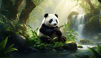 Obraz premium A serene giant panda enjoys bamboo in a lush forest setting by a cascading waterfall. The tranquil scene showcases the panda in its natural habitat, perfect for themes of nature, conservation, and