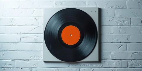 Obraz premium A black and orange record is displayed on a white wall. The record is placed on a white surface, and the wall is made of bricks. Concept of nostalgia and a connection to the past