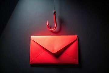 fishing hook, envelope, dark background, isolated,neon, A neon red envelope with a fishing hook hanging on a dark background