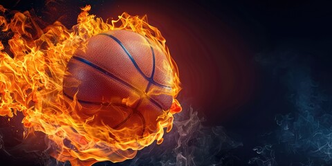 Fototapeta premium Basketball engulfed in flames against a dark background, representing intensity, energy, and sports competition. AI generated illustration.