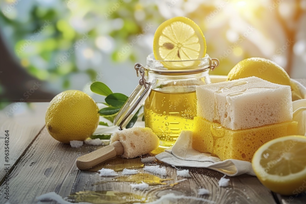 Poster a jar of lemon juice sits on a wooden table next to a lemon and a lemon soap. the table is covered i