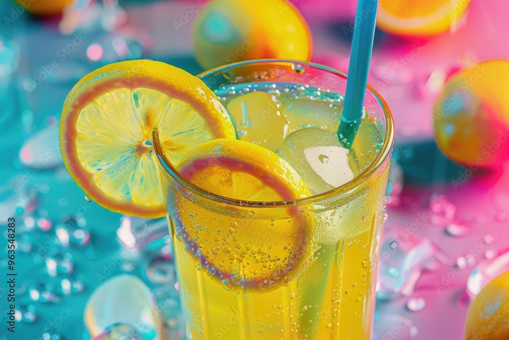 Poster a glass of lemonade with a straw in it. the glass is half full and has a slice of lemon on the side.