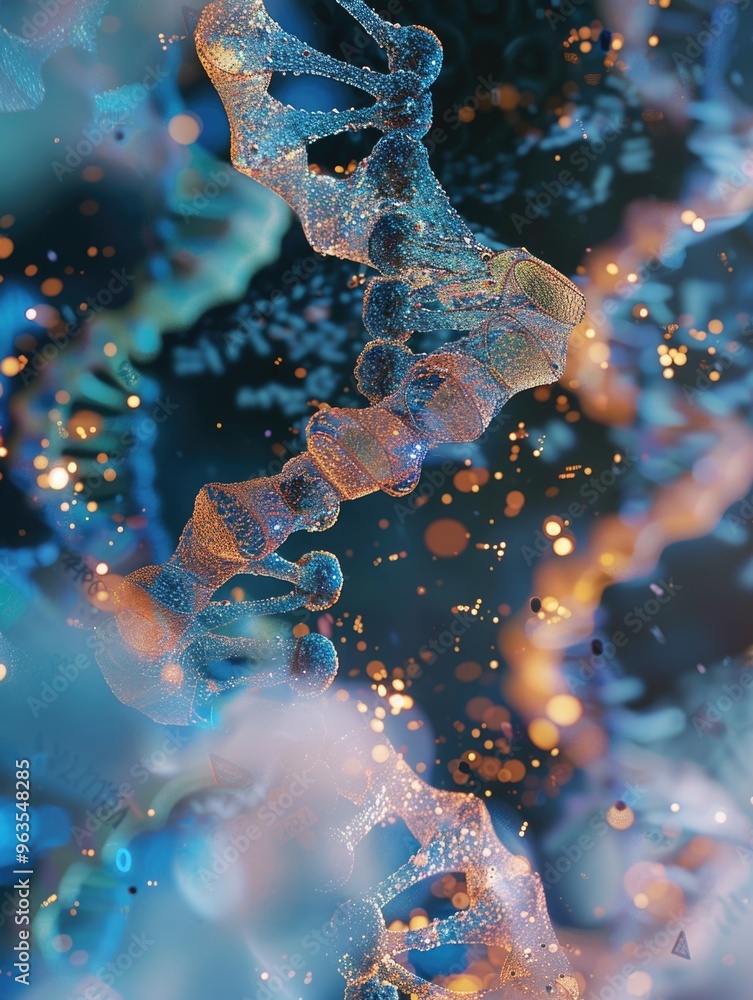 Poster a colorful, abstract image of dna strands with a blue background. the strands are in different color