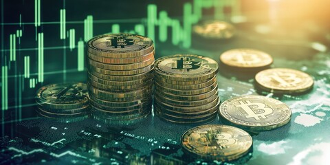 Bitcoin with stacked coins and green chart, illustrating cryptocurrency investment trends. AI generated illustration.