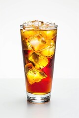 A tall glass of iced tea with ice cubes in it. The glass is half full and the ice cubes are scattered throughout the drink