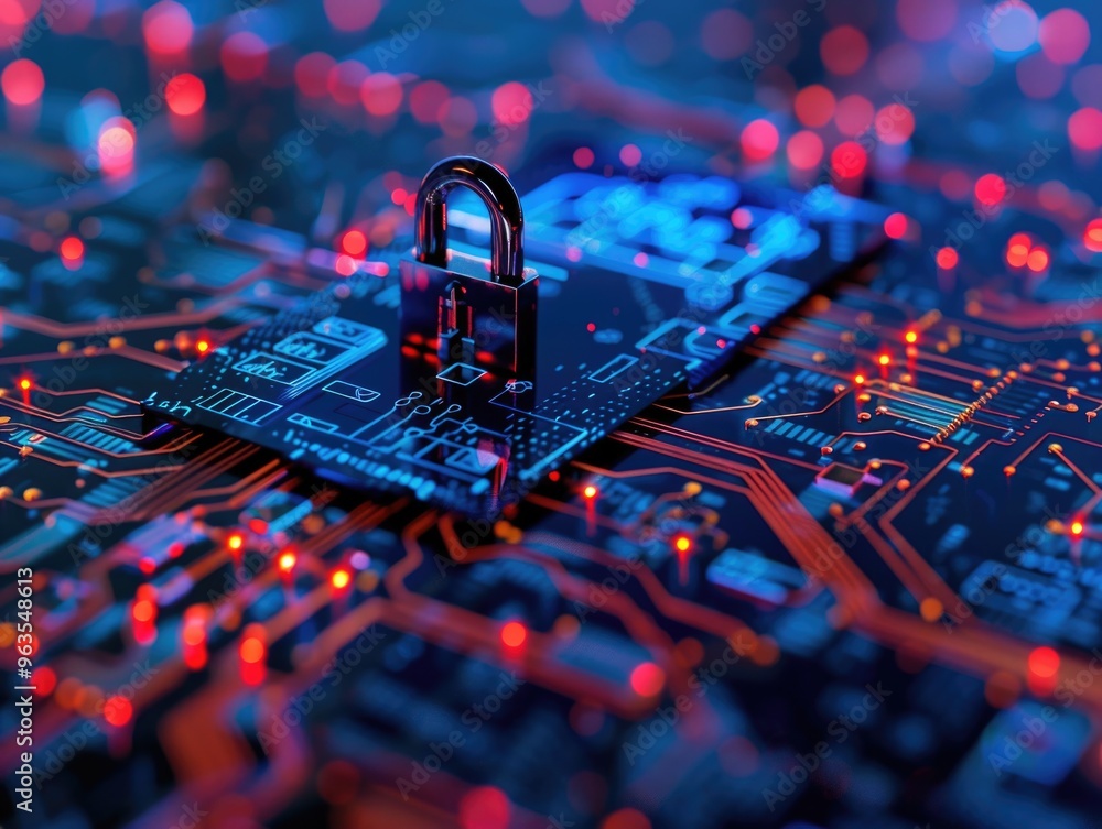 Aufkleber a computer chip with a lock on it. the chip is surrounded by a red and blue background