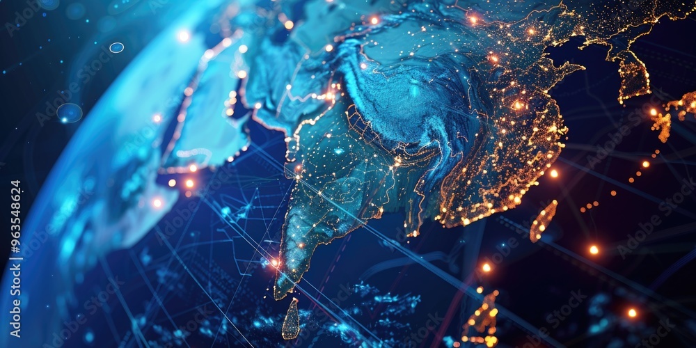 Aufkleber a globe with a blue background and a network of lights on it. the lights are scattered all over the 