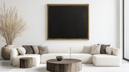 Minimalist Living Room with White Sofa and Black Framed Artwork