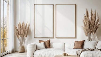 A white living room with two empty picture frames on the wall. The room is decorated with brown pillows and a potted plant