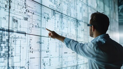 Man in a White Shirt Interacting with a Large Interactive Screen Displaying a Complex Design
