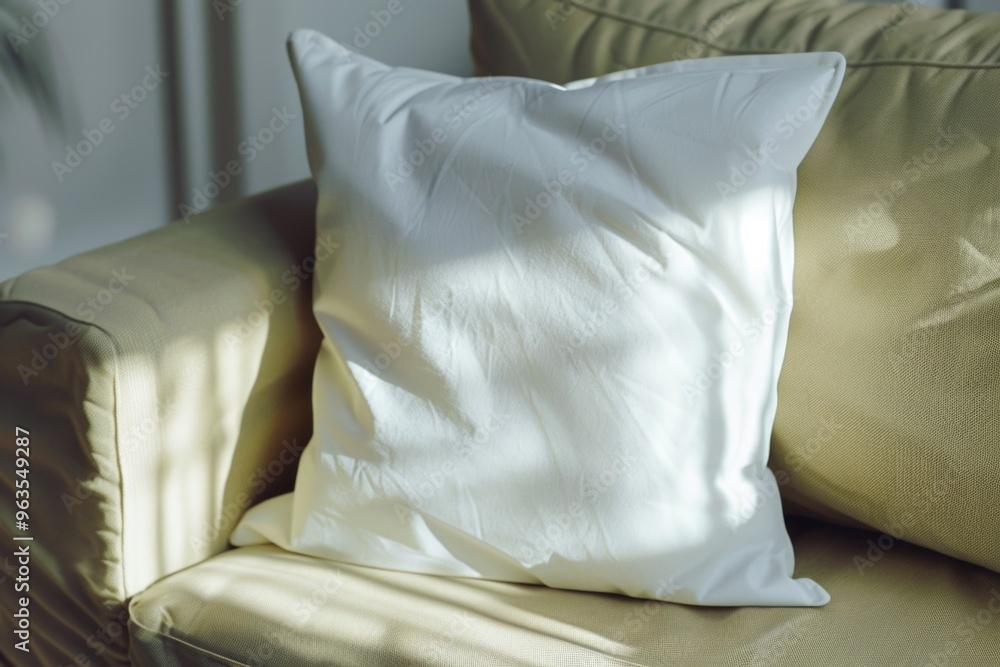 Poster a white pillow sits on a couch, casting a shadow on the couch. the pillow is the only object in the 