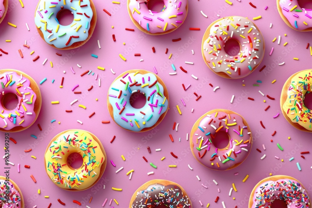 Poster a row of colorful donuts with sprinkles on top. the donuts are arranged in a pattern on a pink backg