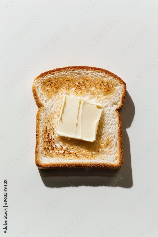 Poster a slice of toast with a piece of butter on top. the butter is spread out on the bread, covering a la