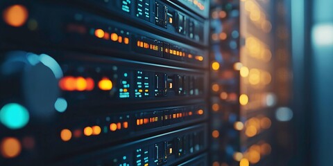Close up of server rack in data center with blurred background