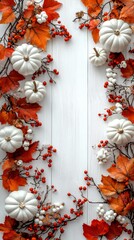 Fototapeta premium top view of pumpkins and leaves on white wooden table