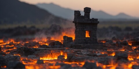 Fototapeta premium Molten Ruins of a Desolate Fortress in a Volcanic Landscape.